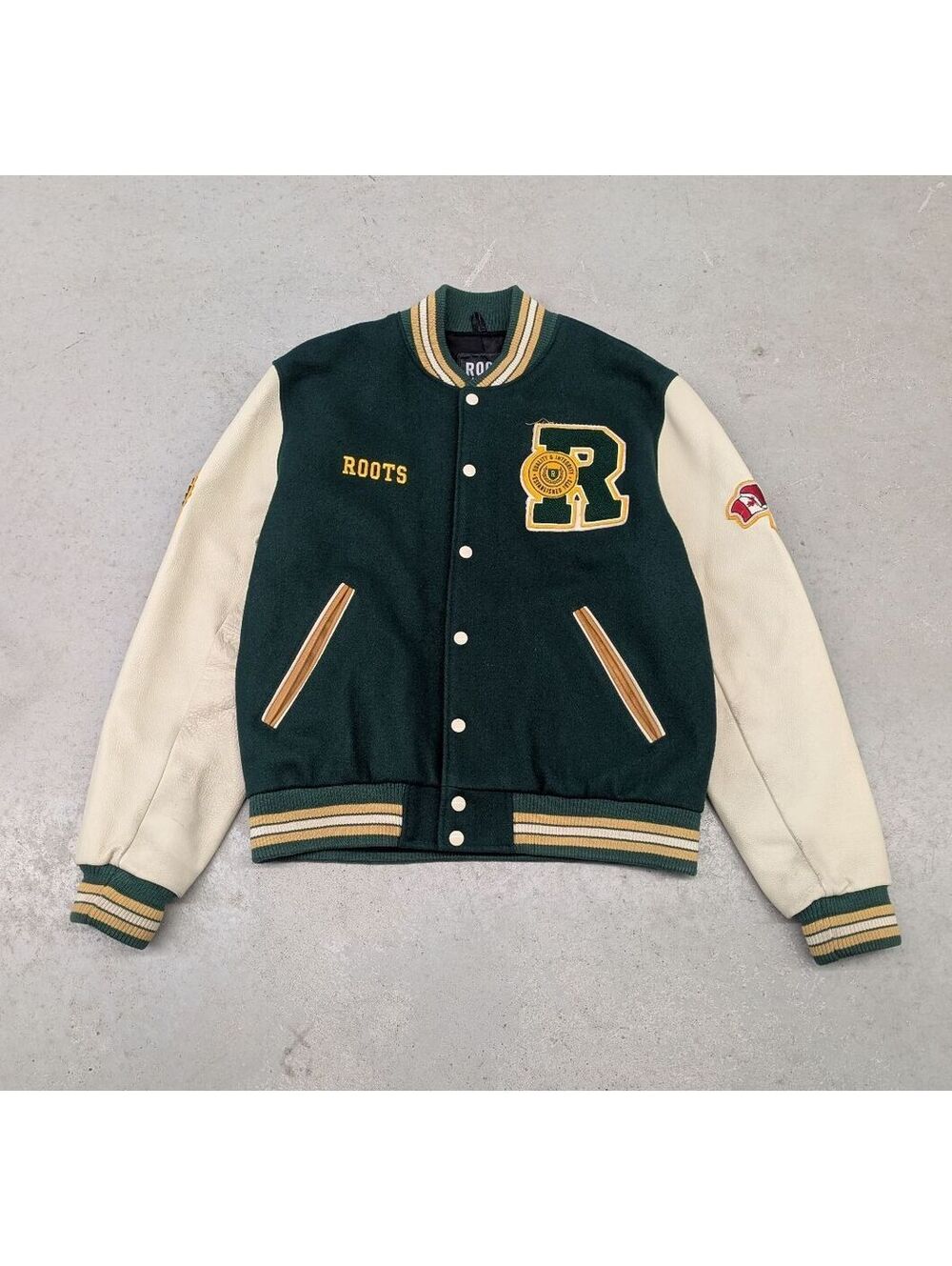 Vintage 90s Roots Canada Wool and Leather Varsity Jacket